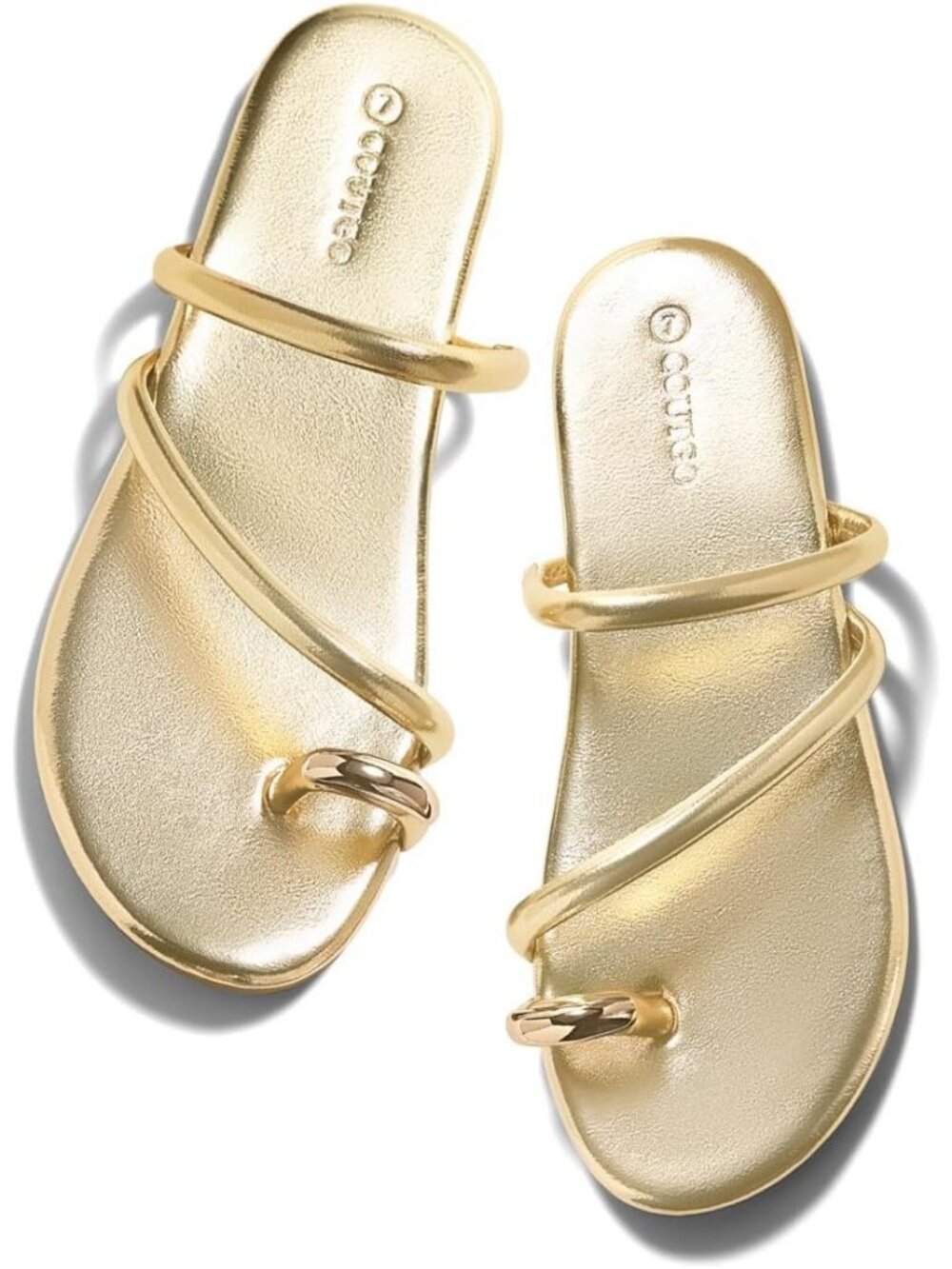 Women's Light Gold Summer Square Open Toe Flip Flop Slides Ring Toe Strappy Flat